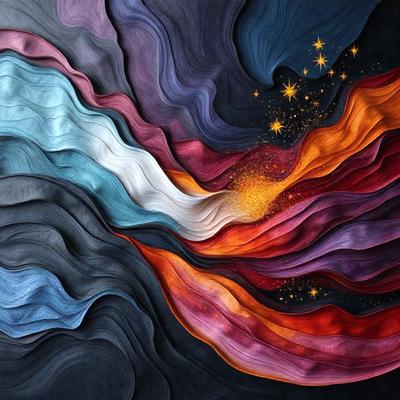 The primary subject of the image is a colorful, abstract painting featuring a mix of blue, orange, and purple hues. The setting is a black background, which contrasts with the vibrant colors of the painting. The visual style is a combination of digital art and illustration, creating a unique and eye-catching piece of art. The dominant colors and overall atmosphere of the painting are energetic, lively, and full of color, making it an engaging and captivating piece of art.